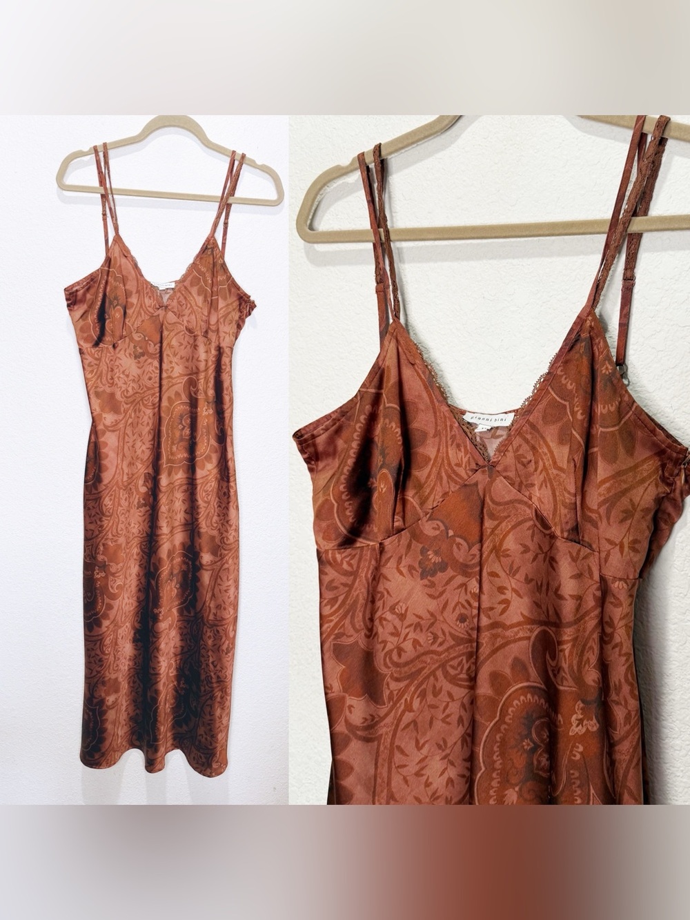 Gianni Bini Y2K Babydoll Slip Dress Paisley Lace Trim Bias Cut Maxi Forest Fairy